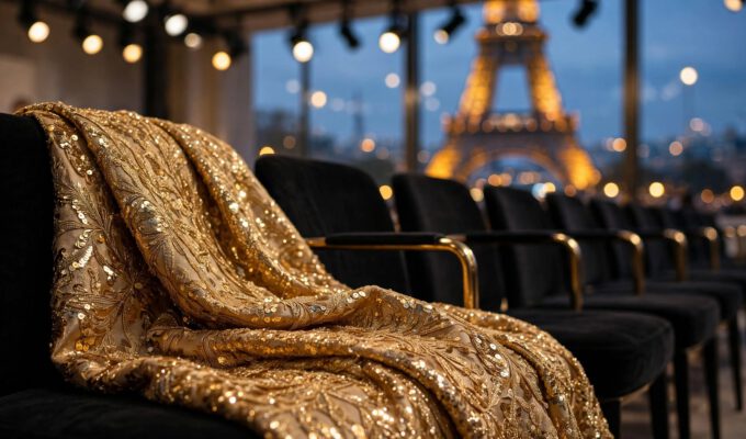 Paris Fashion Week SS27 Front Row goldene Pailletten Eiffelturm Symbolbild KI generiert Fashion Guide Magazin