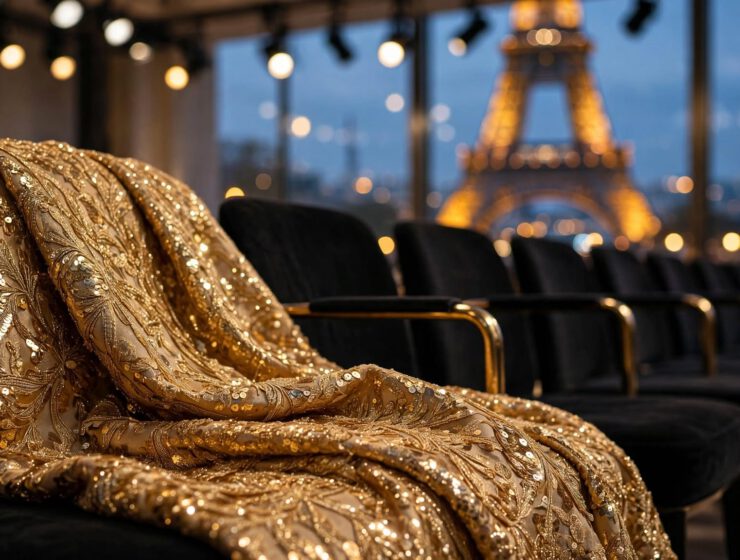 Paris Fashion Week SS27 Front Row goldene Pailletten Eiffelturm Symbolbild KI generiert Fashion Guide Magazin